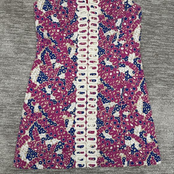 Lilly Pulitzer Dress Womens 12 Pink Blue Shift Sleeveless Lace Trim Printed - Picture 3 of 15